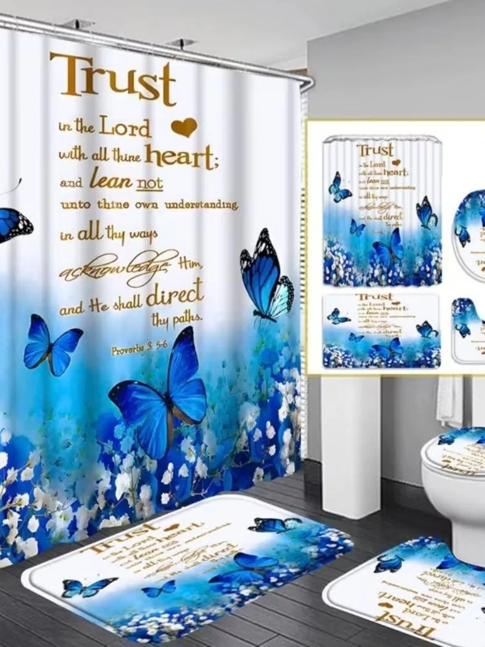 5pc Blue Butterfly Floral Shower Curtain with Inspirational Scripture